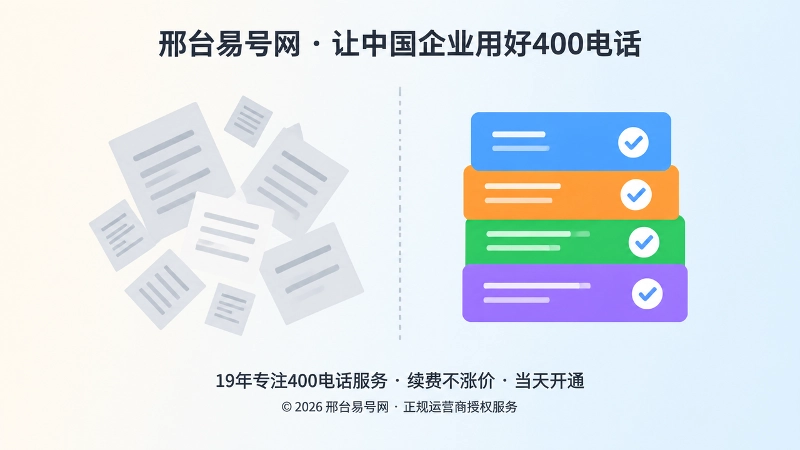 对比式构图，左侧凌乱纸片与右侧整齐卡片并列，表现碎片化承诺与统一记录的差别